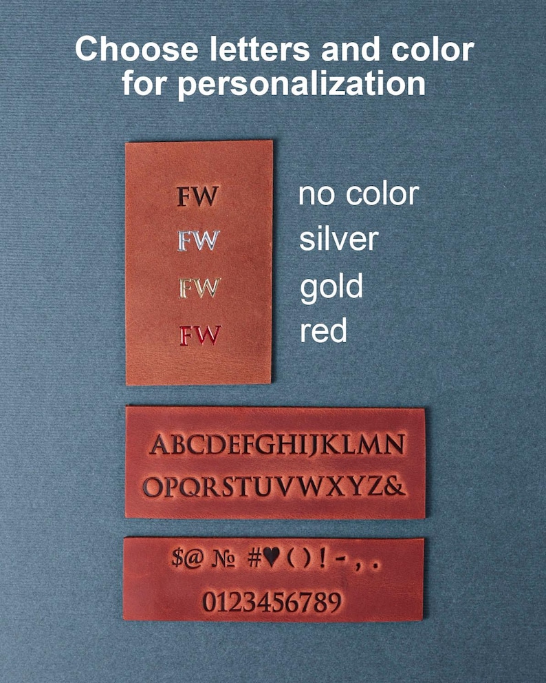May include: Image of leather samples for personalization. The image displays letter, number, and symbol options, with colour choices: no colour, silver, gold, and red. Text at the top reads "Choose letters and colour for personalization".