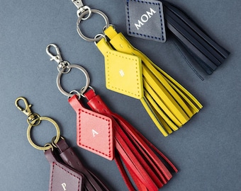 Purse Charm, Leather Tassel Keychain, Name Bag Charm, Cute Initial Keychain, Mother Day Gift