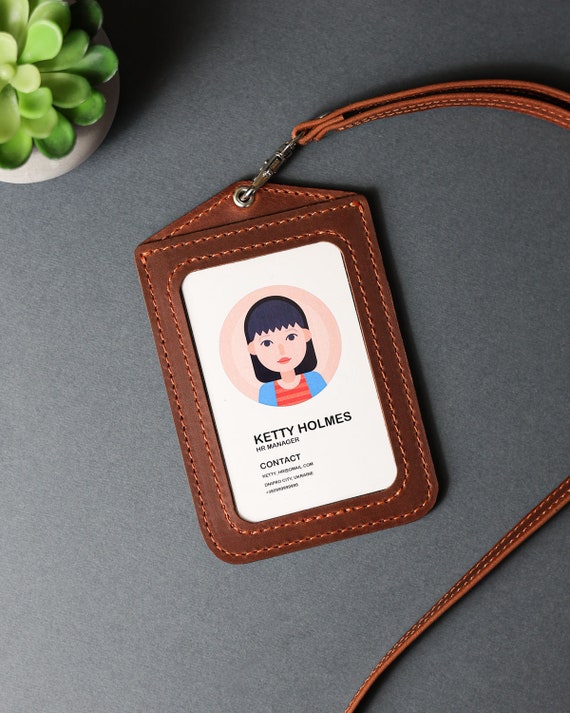 Leather ID Badge Holder With Lanyard, Personalized ID Card Holder, Custom ID Tag Holder, Work Anniversary Gift