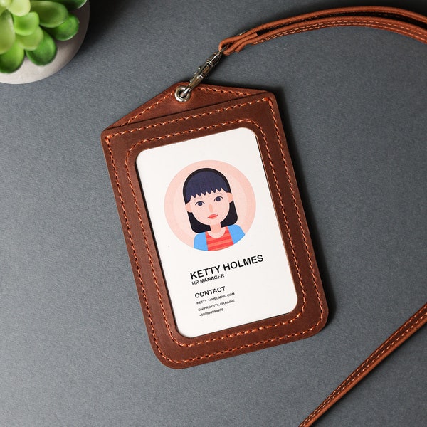 Leather ID Badge Holder With Lanyard, Personalized ID Card Holder, Custom ID Tag Holder, Work Anniversary Gift