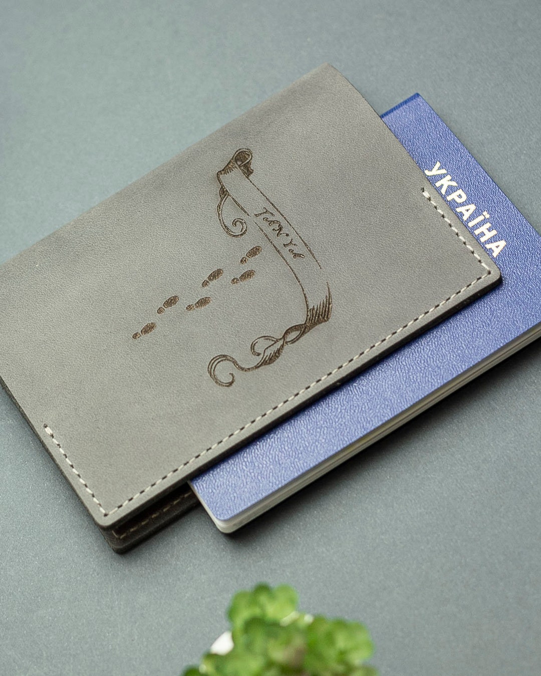 Leather Passport Holder, Ingraved Grey Passport Case, Personalized