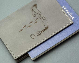 Leather Passport Holder, Ingraved Grey Passport Case, Personalized Passport Cover