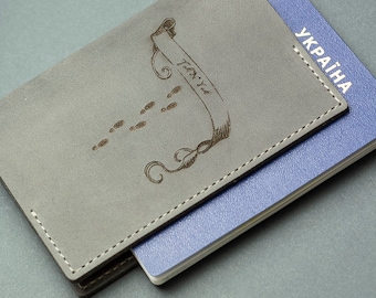 Funda de cuero para pasaporte, funda para pasaporte gris grabada, funda para pasaporte personalizada