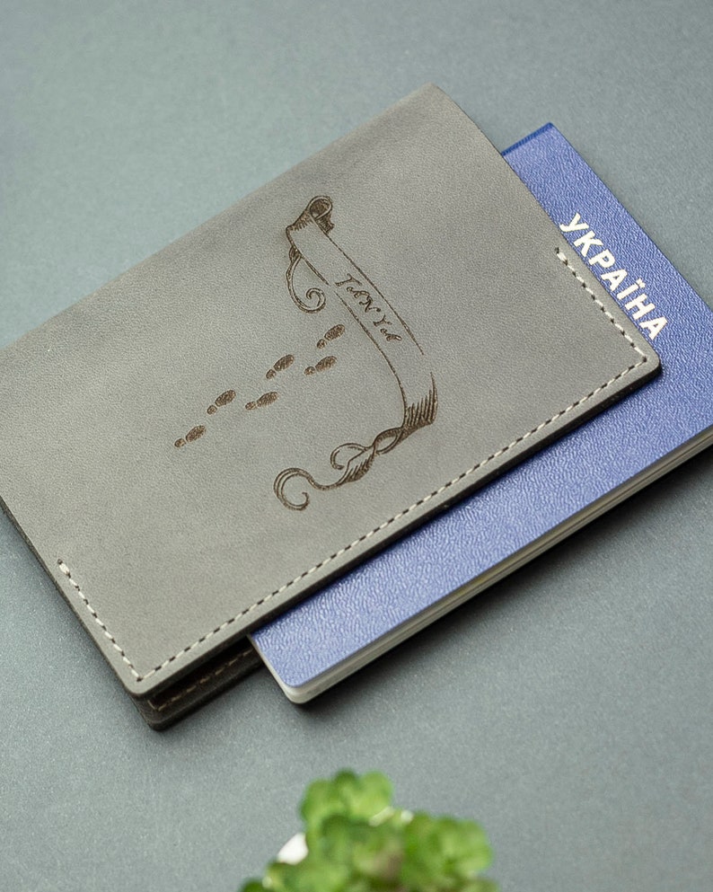 Leather Passport Holder, Ingraved Grey Passport Case, Personalized Passport Cover image 1