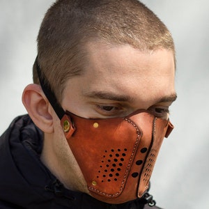 Maske aus Leder mit Papierfilter. Schutzmaske Braun. Unisex Schwarze Mundmaske. NICHT MEDIZINISCHE.