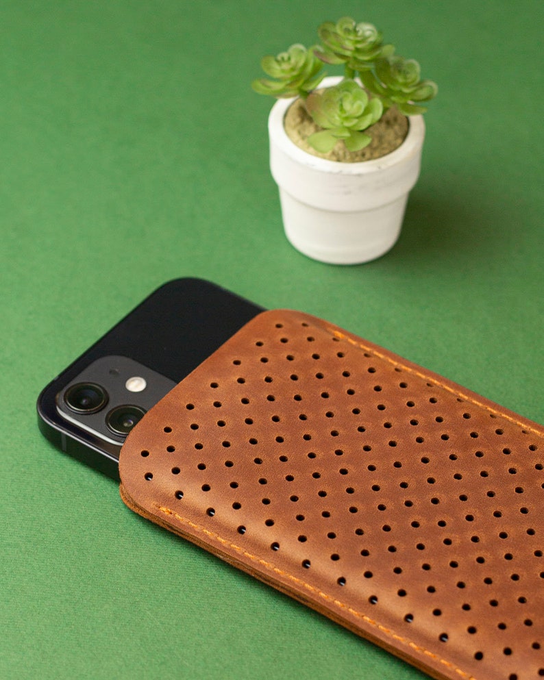 May include: A brown leather phone sleeve with a perforated design, holding a black smartphone. The sleeve has a stitched border and is set against a green background. A small white pot with a green plant is in the background.