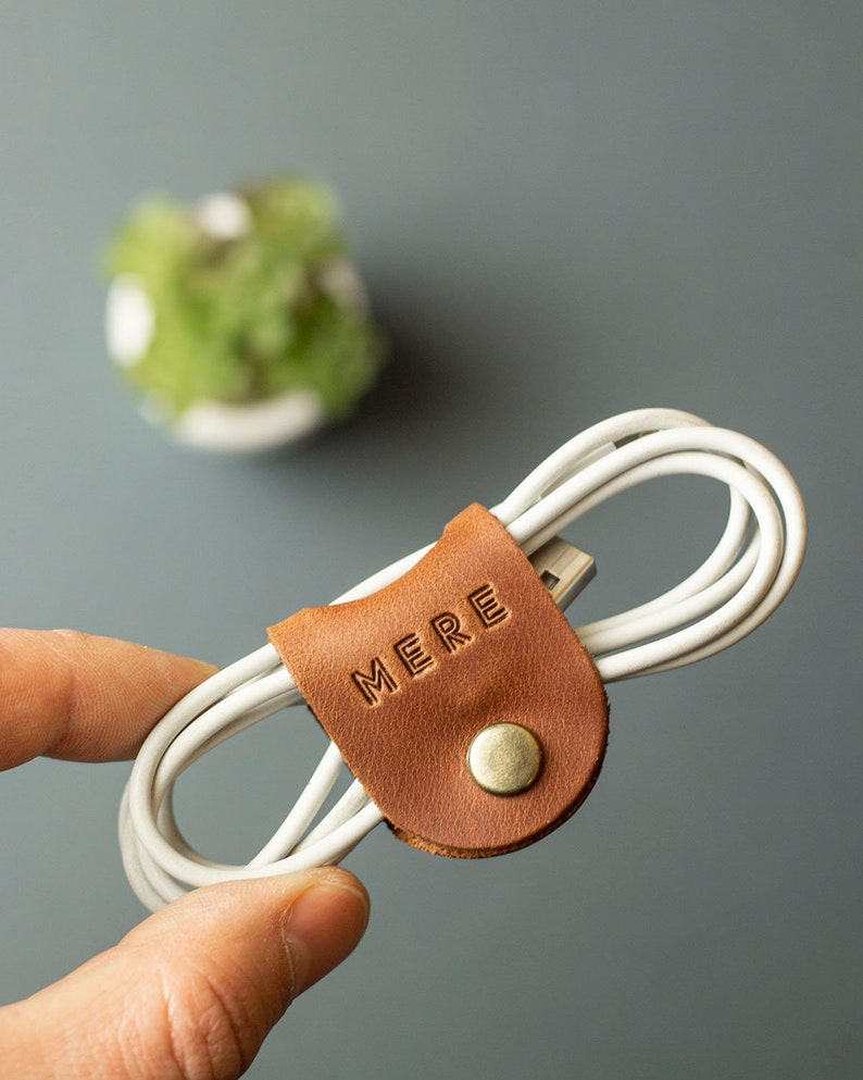 Personalized Leather Cord Organizer Cable Organiser Headphone Holder Cord Keeper image 3
