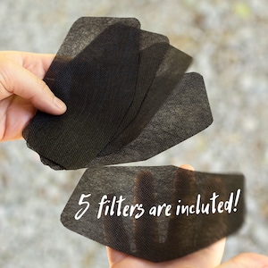 May include: Five black fabric face mask filters. The filters are held in a hand and the text "5 filters are included!" is written on the filters.