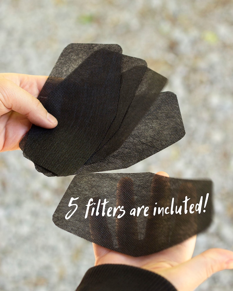 May include: Five black fabric face mask filters. The filters are held in a hand and the text "5 filters are included!" is written on the filters.