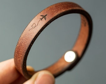 Leather Bracelet For Traveler, Engraved Unisex Gift