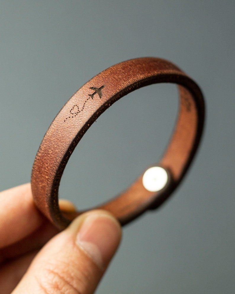 Leather Bracelet For Traveler, Engraved Unisex Gift image 1