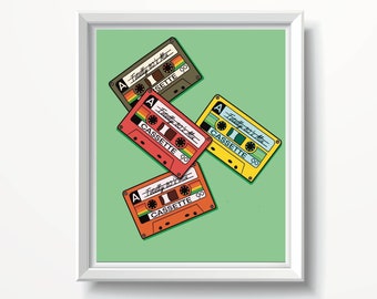 Retro Cassette Tape Art Print, 80s 90s Music (Digital Download)