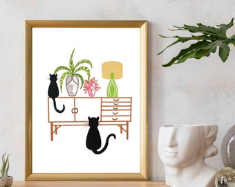 Black Cat Plant Print, Whimsical Home Decor (Digital Download)