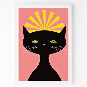 Midcentury modern cat print Digital Download, midcentury modern Art, Black cat Art Print, Home office Decor, minimalist print, midcentury