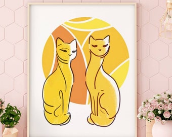 Yellow Sun Cats Art Print, Mid-Century Modern Cat Lover Gift (Digital Download)