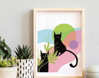 Black Cat House Plant Print, Jungle Cats Illustration (Digital Download)