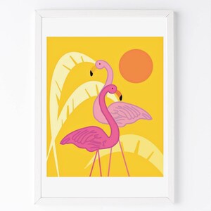 Pink flamingo, tropical plants, boho home decor, animal wall art, pink flamingo print, instant wall art, nursery decor, beach prints