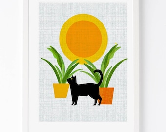 Black Cat Plant Art Print, Sun Cat Illustration (Digital Download)