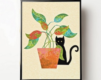 Black Cat & Houseplant Art Print, Playful Illustration (Digital Download)