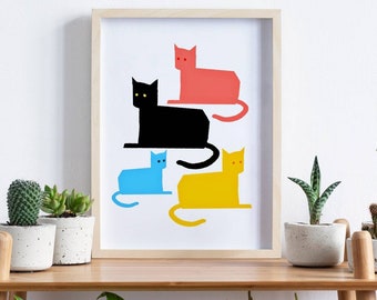 Colorful Cats Art Print, Modern Feline Illustration (Digital Download)