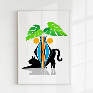 Cat prints, cat and household prints, house plant art, cat illustration, black cat print, house plant illustration, cat and plant art