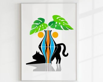 Black Cat Houseplant Art Print, Modern Illustration (Digital Download)