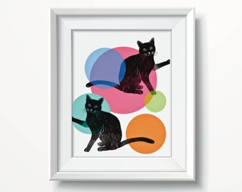 ラファエル作のステンドグラスの黒猫 - デジタルアートプリント - 猫の