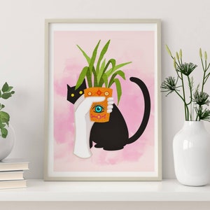Cat prints, cat and household prints, house plant, art,cat illustrations, black cat print, house plant illustration, cats and plant art