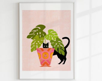 Black Cat Houseplant Print, Playful Feline Art (Digital Download)