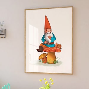 Gnome art printable on a mushroom with a snail, fairy tale,cottage core, farmhouse decor, vintage gnome art, instant download, Printable