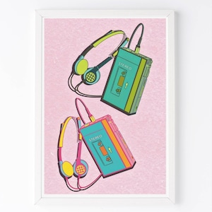 Walkman print, retro cassette print, 90s print, 90s art, 80s print, retro music print, cassette print, art print, digital printable