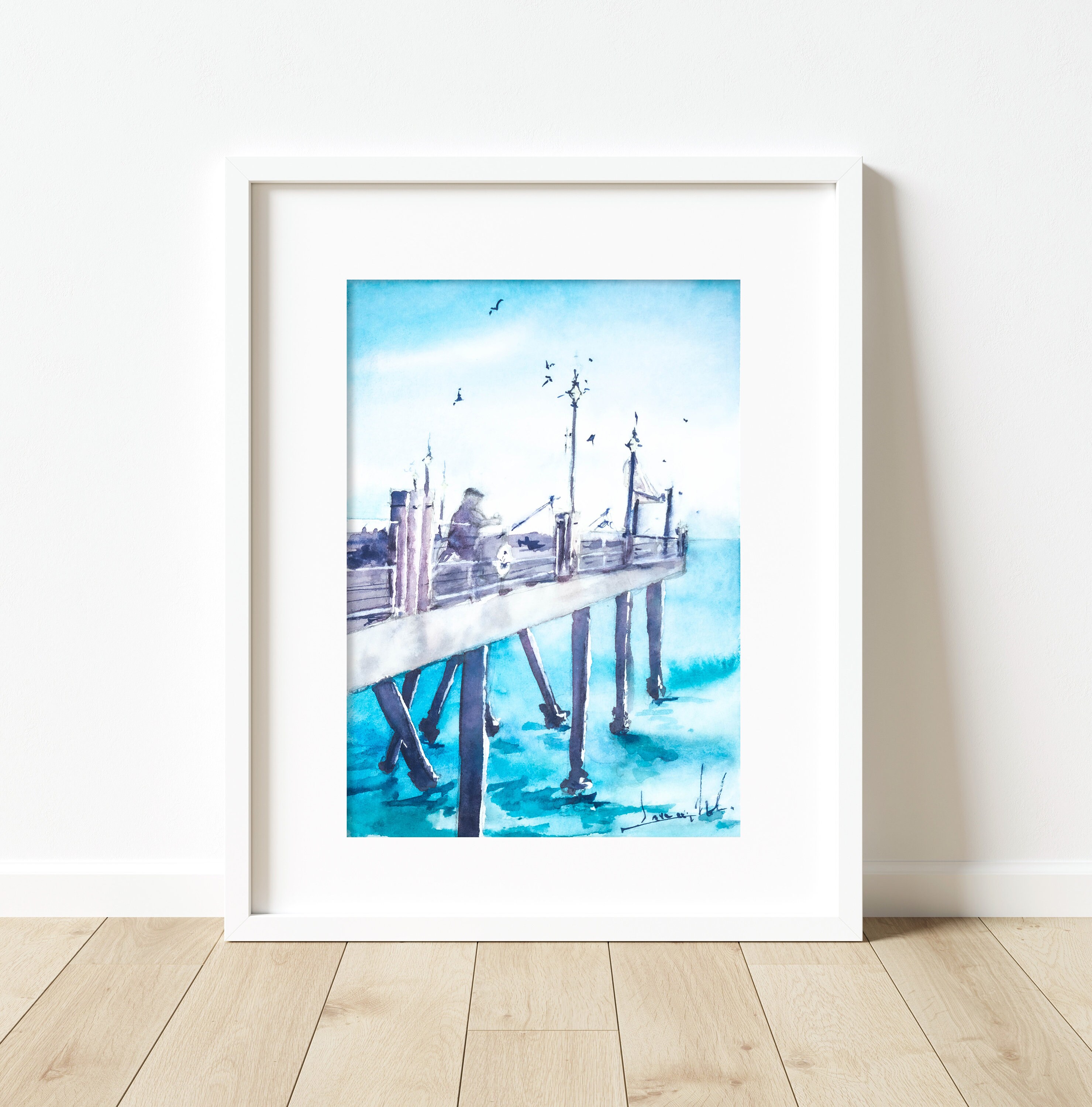 Fisherman at Redondo Beach Pier ORIGINAL Watercolor Coastal - Etsy