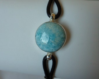 Authentic Dominican Genuine Leather Bracelet with Circular Larimar Stone in 925 Silver