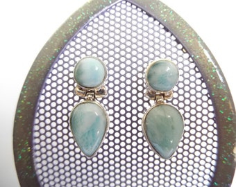 Authentic Dominican Larimar Round&Pear Earrings 925 Silver