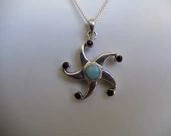 Authentic Larimar&Black Coral Starfish 925 Silver