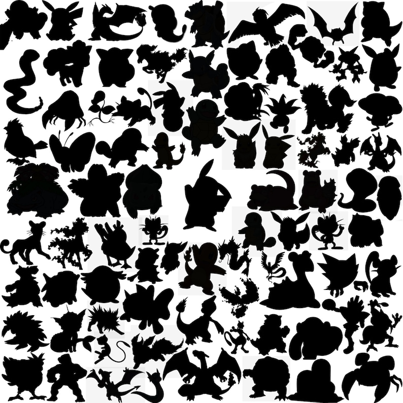 May include: Black and white silhouette images of various Pokemon characters.