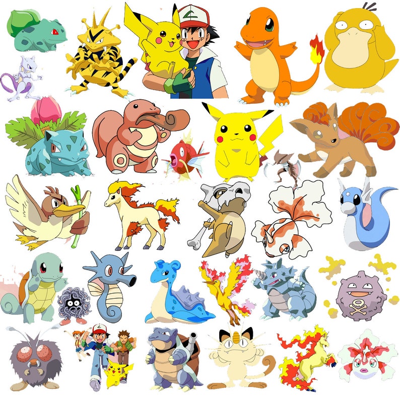 May include: A colorful illustration featuring various Pokemon characters, including Pikachu, Charmander, Bulbasaur, Squirtle, and many more. The characters are depicted in a variety of poses and expressions, showcasing their unique designs and personalities.