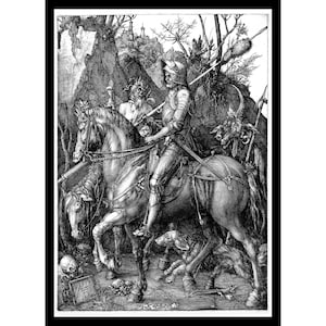 Puede incluir: Un grabado detallado en blanco y negro representa a un caballero con armadura a caballo, atravesando un paisaje boscoso oscuro. La escena incluye una calavera, un perro y otras figuras, con un castillo distante visible. La obra de arte es rica en detalles y textura.