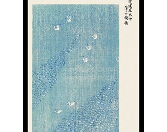 May include: A blue and white Japanese woodblock print depicting a flock of birds flying over a field of water. The text in the upper right corner reads "市屋道場 六代中", which translates to "City House Dojo, Sixth Generation".