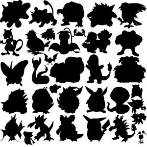 May include: A collection of 30 black and white silhouettes of various Pokemon characters. The silhouettes are arranged in a grid pattern on a white background.