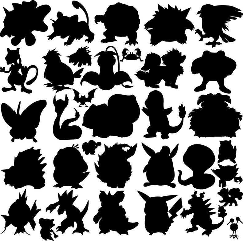 May include: A collection of 30 black and white silhouettes of various Pokemon characters. The silhouettes are arranged in a grid pattern on a white background.