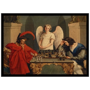 May include: An antique painting depicts a chess game between two figures, one in red and the other in blue, with an angel observing. The chess board is on a decorative table. The artwork has a vintage aesthetic.