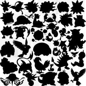 May include: Black and white silhouettes of various Pokemon characters, including Pikachu, Charmander, Bulbasaur, Squirtle, and more.