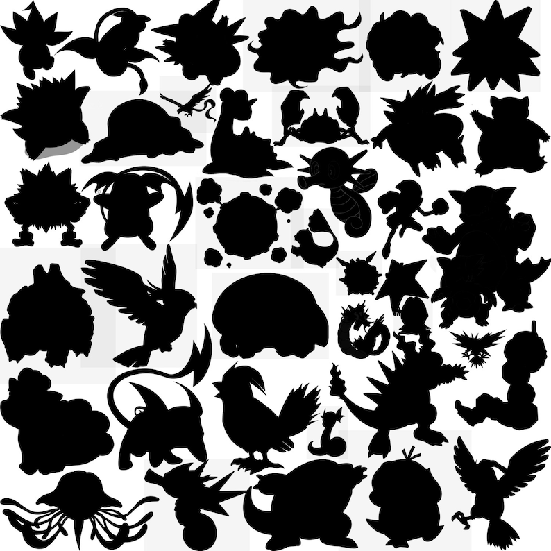 May include: Black and white silhouettes of various Pokemon characters, including Pikachu, Charmander, Bulbasaur, Squirtle, and more.
