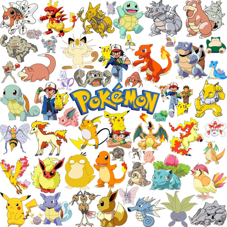 May include: A colorful illustration featuring various Pokemon characters, including Pikachu, Charmander, Bulbasaur, Squirtle, and many more. The image includes the word "Pokemon" in a stylized font.
