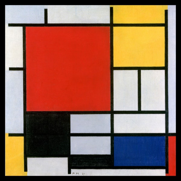 Piet Mondrian Digital Print Composition with Large Red Plane, Yellow, Black, Gray, and Blue