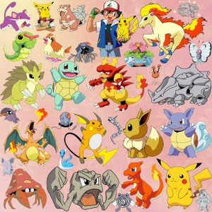 May include: A colorful illustration featuring various Pokemon characters, including Pikachu, Charizard, Bulbasaur, Squirtle, and many more. The characters are depicted in a playful and dynamic style, with vibrant colors and expressive features.