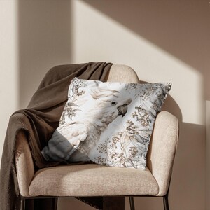 Cockatoo with Floral Border Cushion Cover - Australian Bird Cushion - Native Wildlife - Square - Double-Sided Print - Neutral Tone