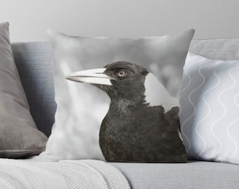 Australian Magpie Cushion Cover - Australian Native Wildlife - Bird Cushion - Double-Sided Print - Neutral Tone - Magpie Gift