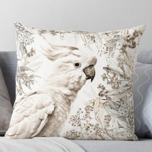 Cacatoès avec housse de coussin de bordure florale - Coussin d’oiseau australien - Faune indigène - Carré - Imprimé recto verso - Ton neutre